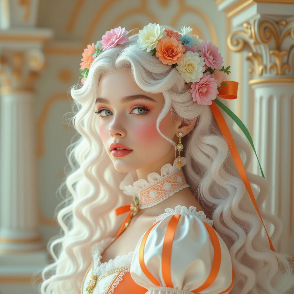 Ethereal Woman with Neon Stripes in Renaissance Setting