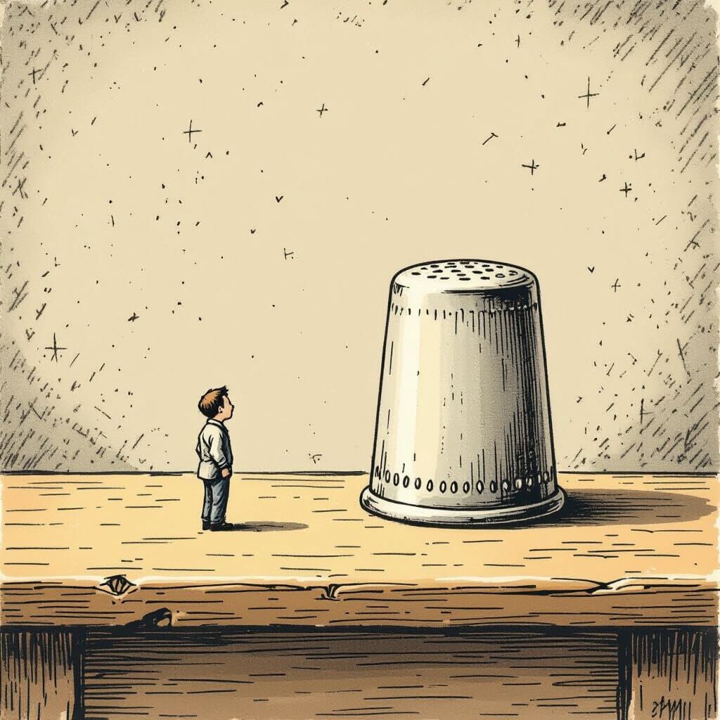 Tiny Man Beside Giant Thimble in Retro Drawing Style