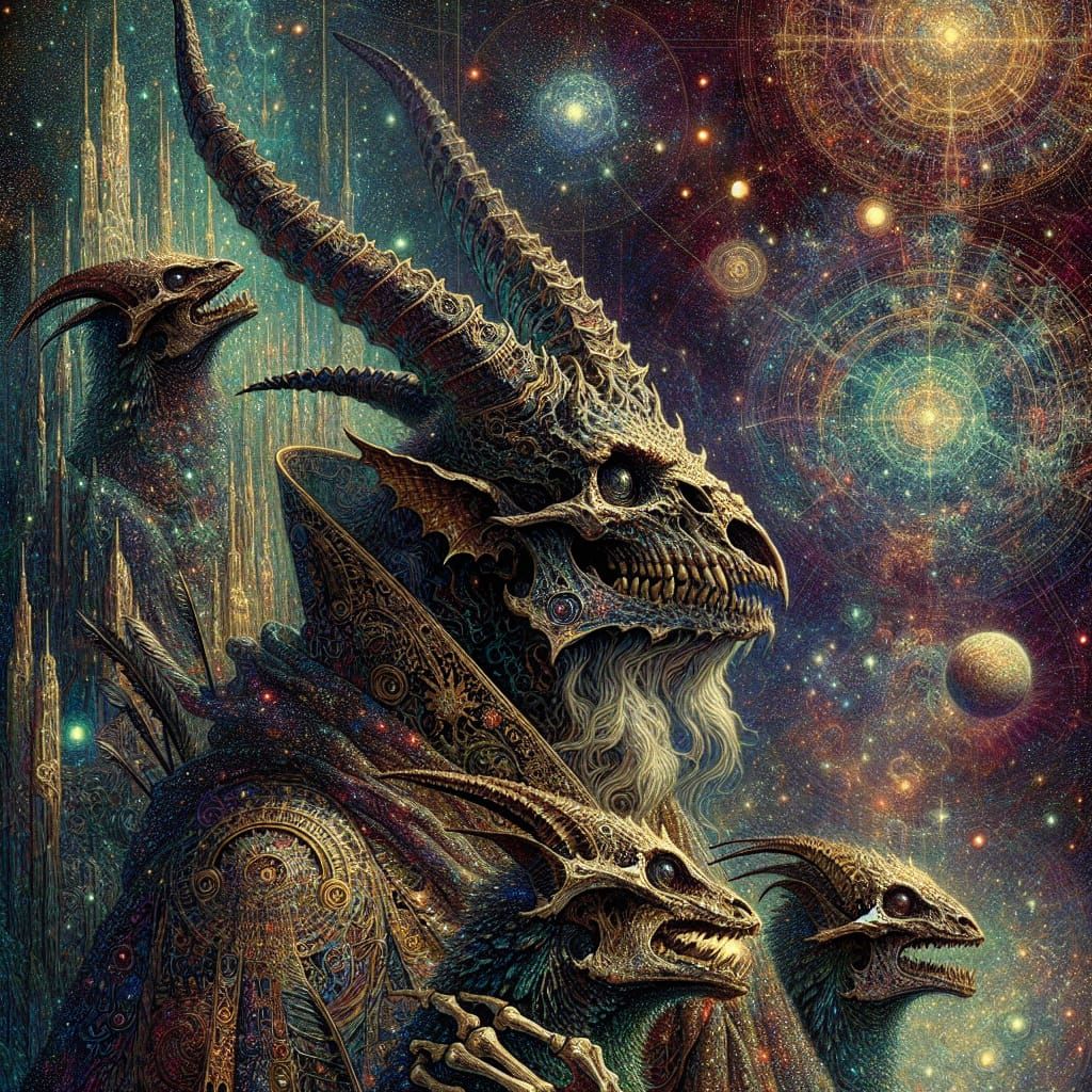 Lizard Demons in Pre-Raphaelite Style Astral Landscape