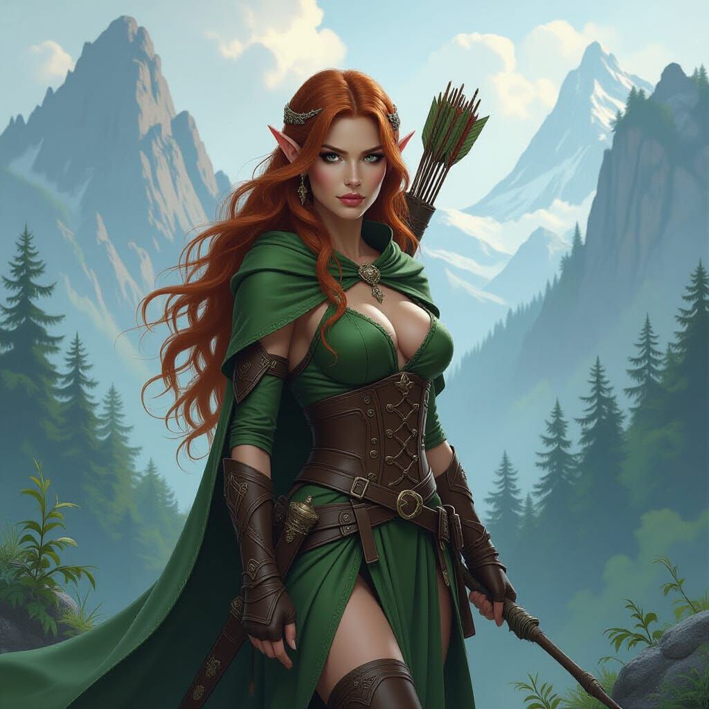 Elven Warrior Woman in Mysterious Mountains