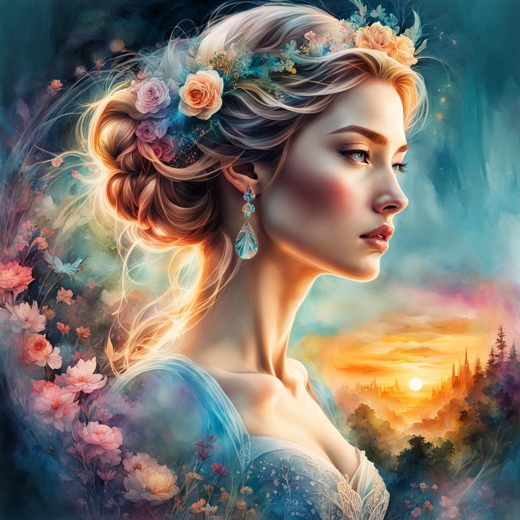 Cinderella Double Exposure in Digital Watercolor Style