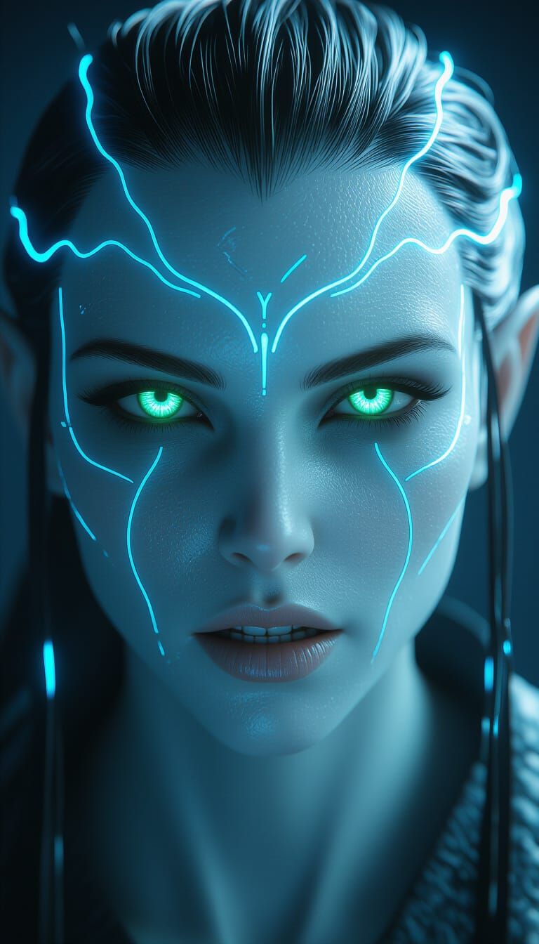 Eerie Fantasy Creature with Blue Energy Lines in Dark Ambien...