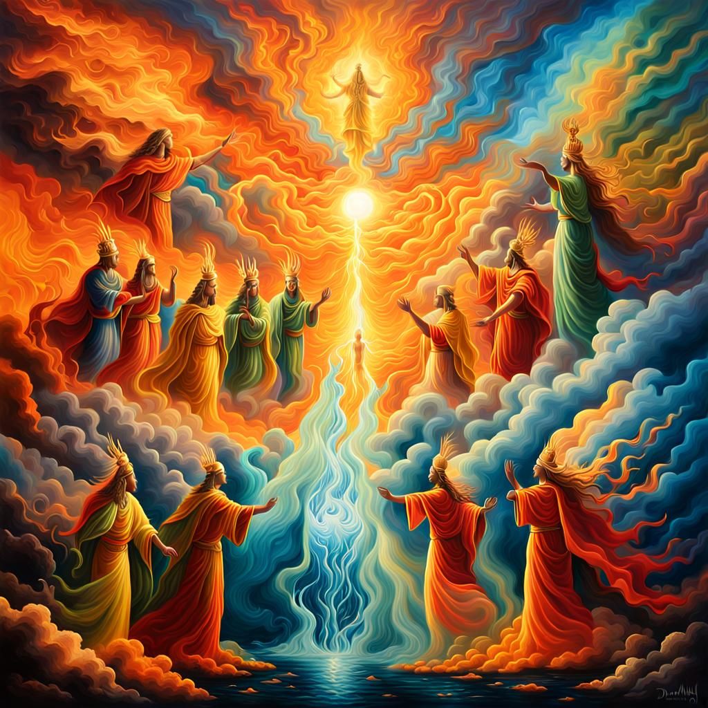 Elemental Deities Gather in Surreal Oil Painting