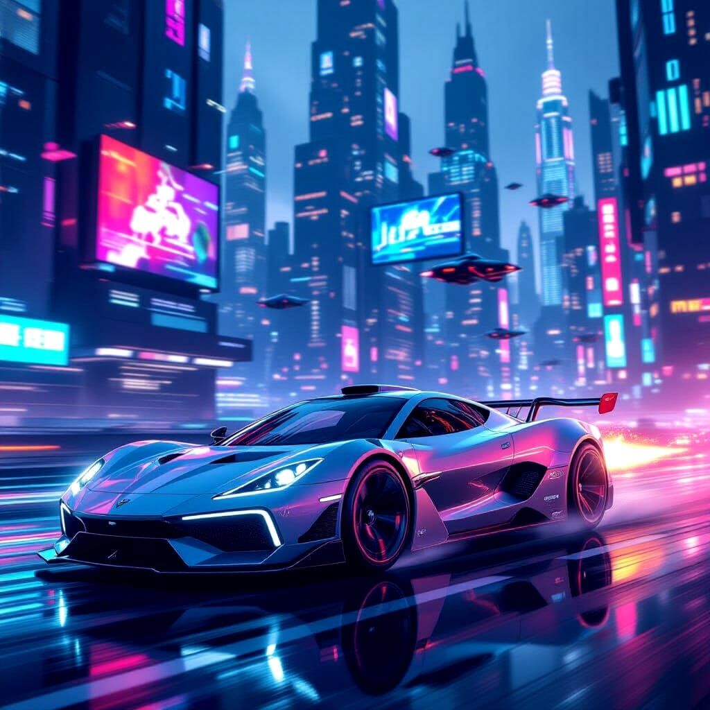 Futuristic Car Races Through Neon Metropolis