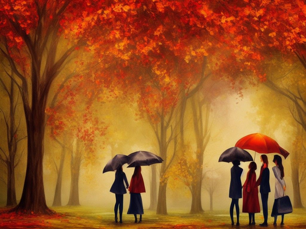Romantic Autumn Scene of Couple in Rainy Park