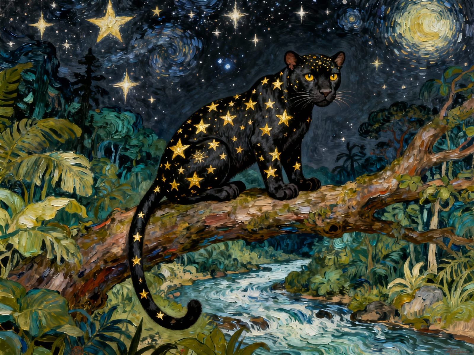 Adorable Black Panther with Gold Stars on Branch at Night