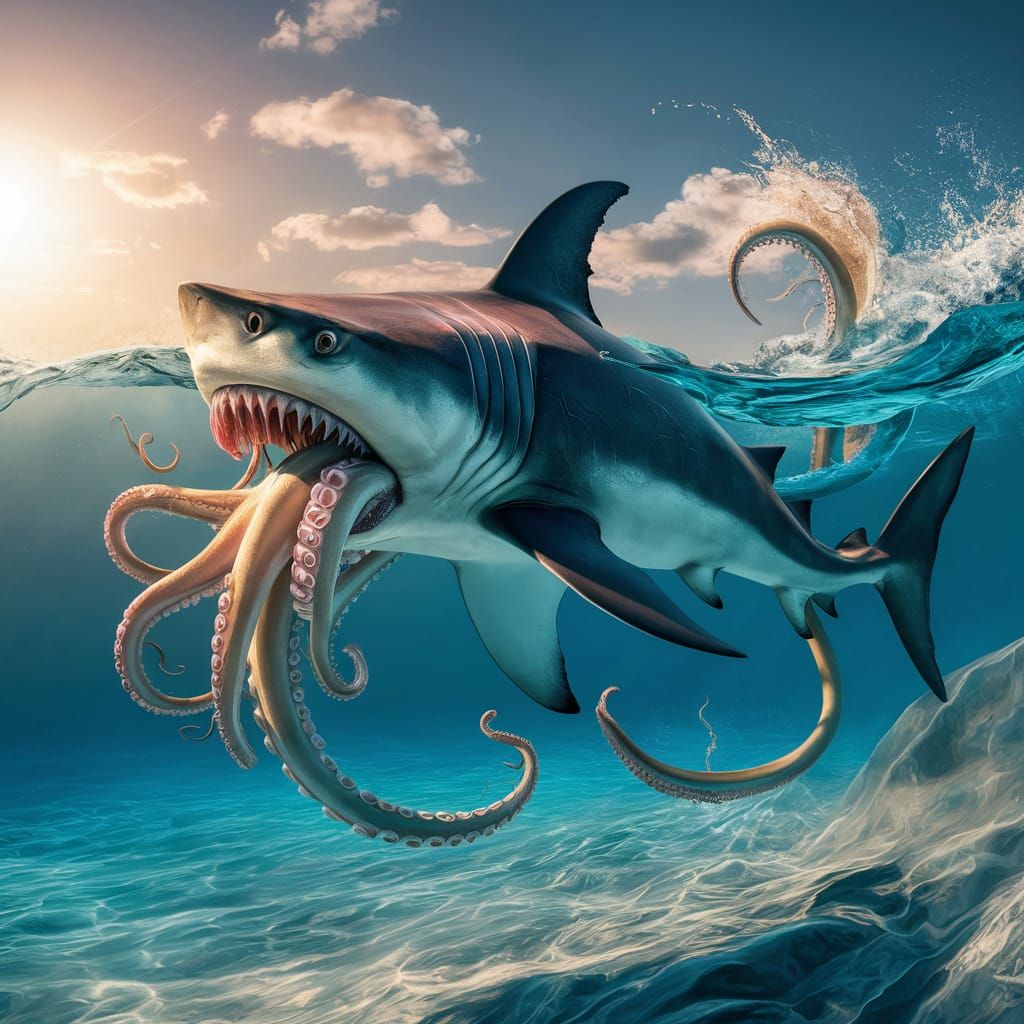 Hybrid Sharktopus in Azure Water: Digital Painting
