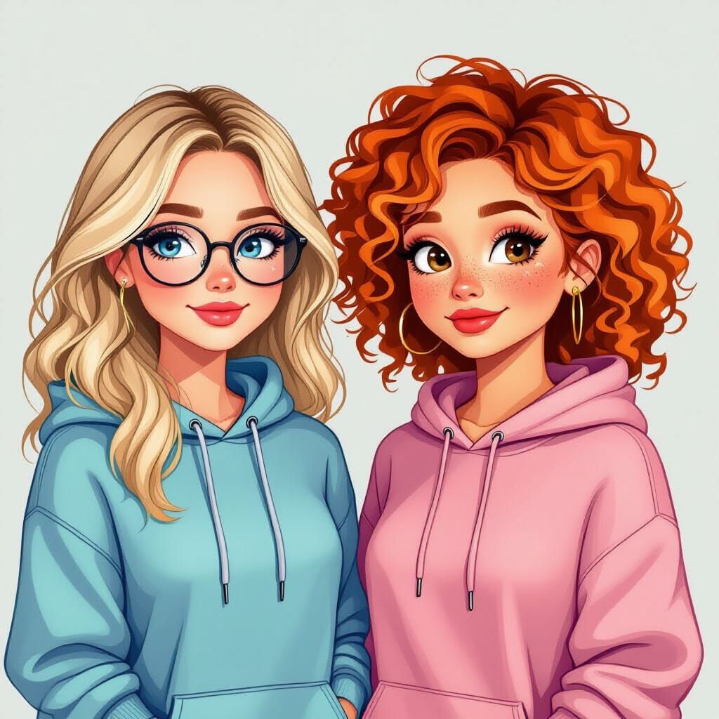 Two Friends in Palm Puff Hoodies Digital Illustration