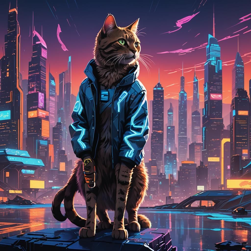 Neon Cyberpunk Cat Person on Distant Planet