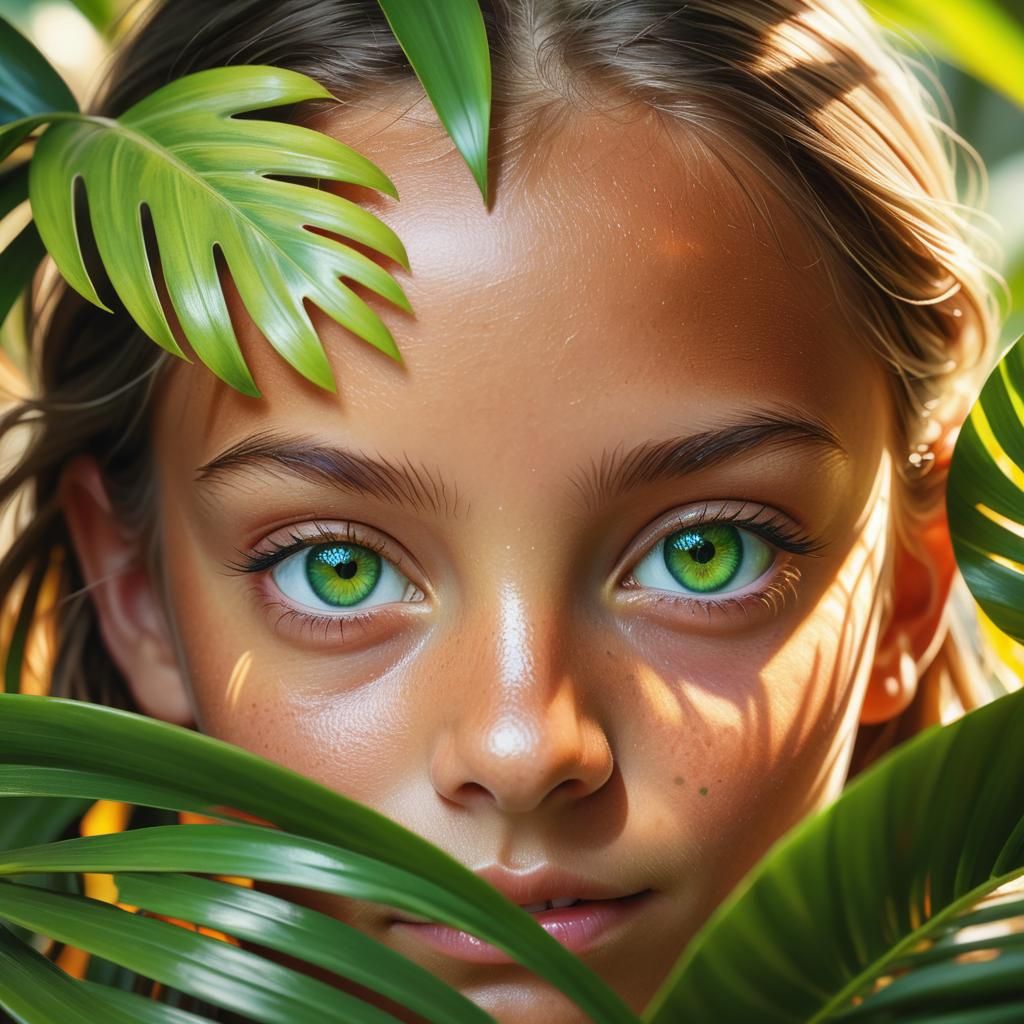 Tropical Girl Portrait with Rainbow Reflection, Digital Art