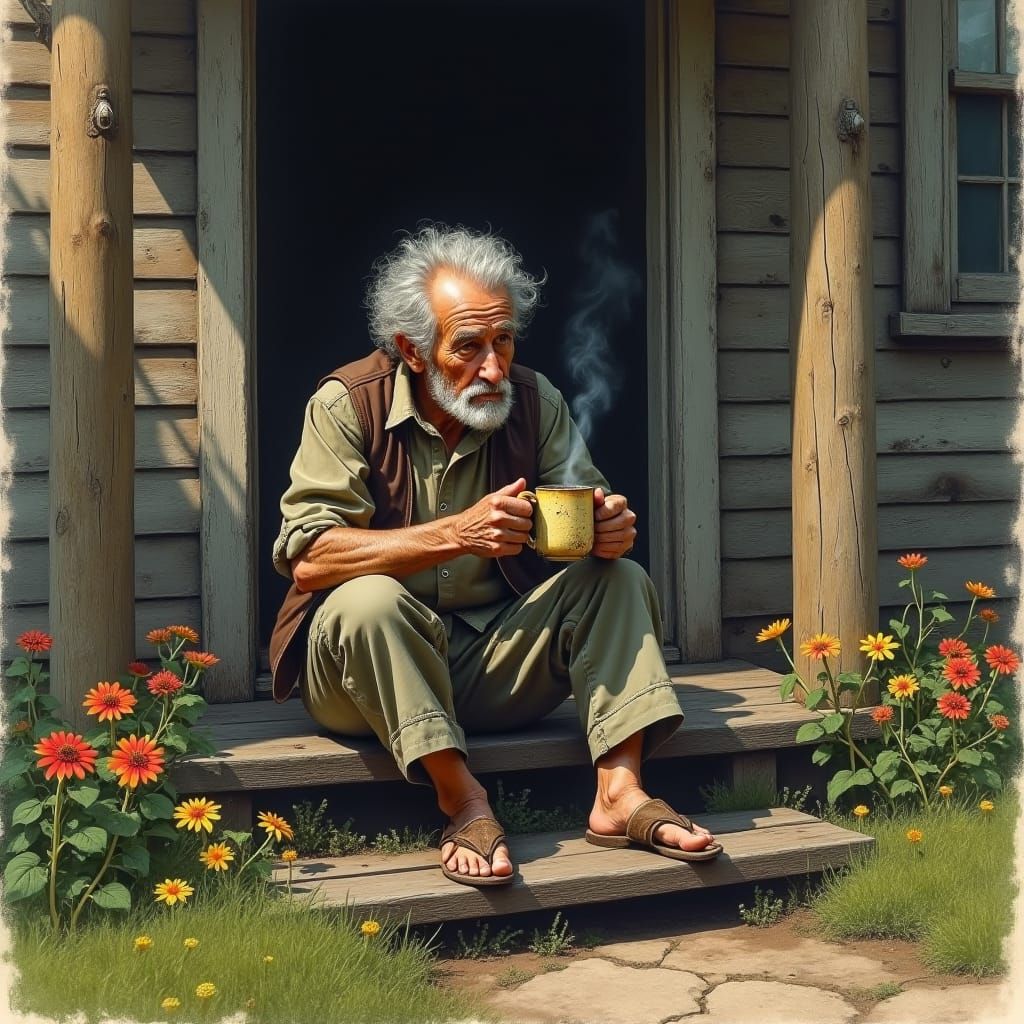 Elderly Man on Porch: Hyperdetailed Charcoal Drawing