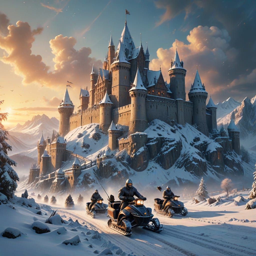 Medieval Knights Joust on Snowmobiles in a Vibrant Winter Wo...