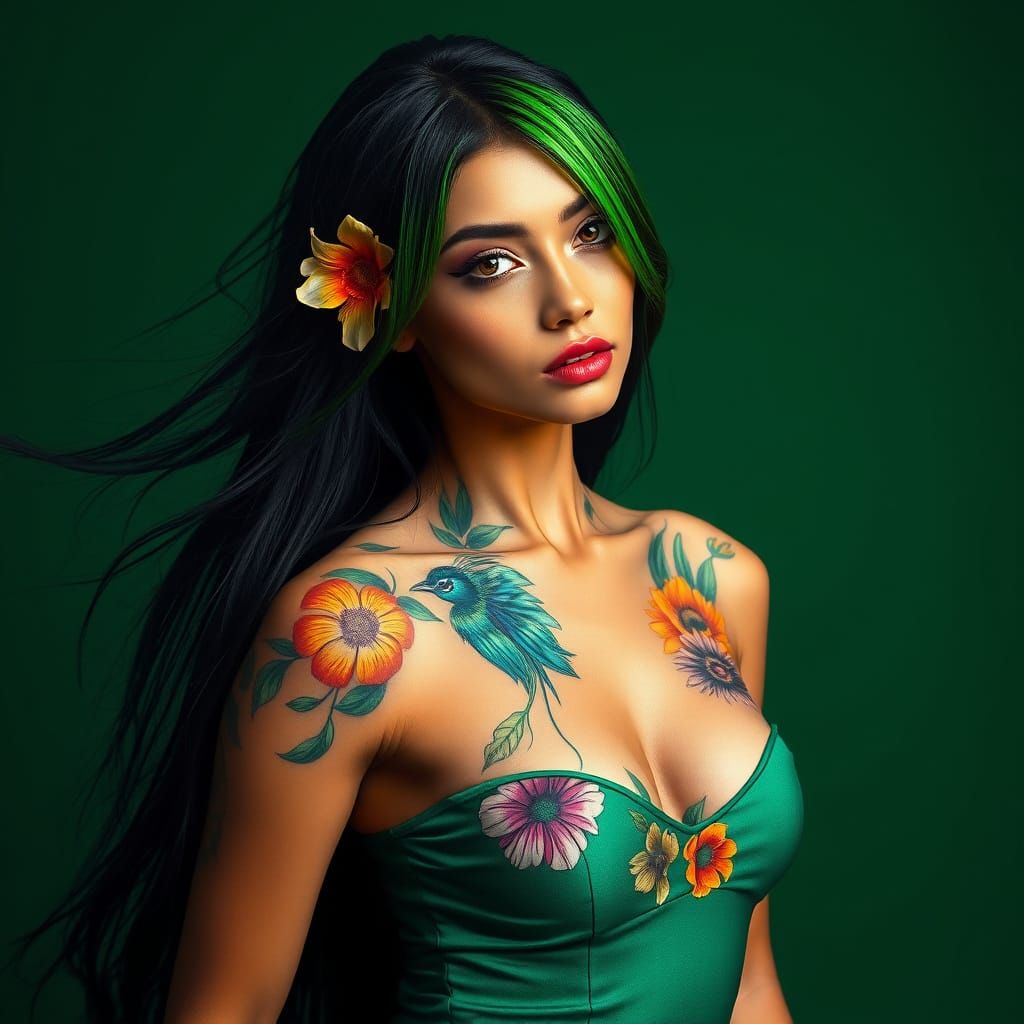 Argentinian Woman with Floral Tattoos and Green Hair