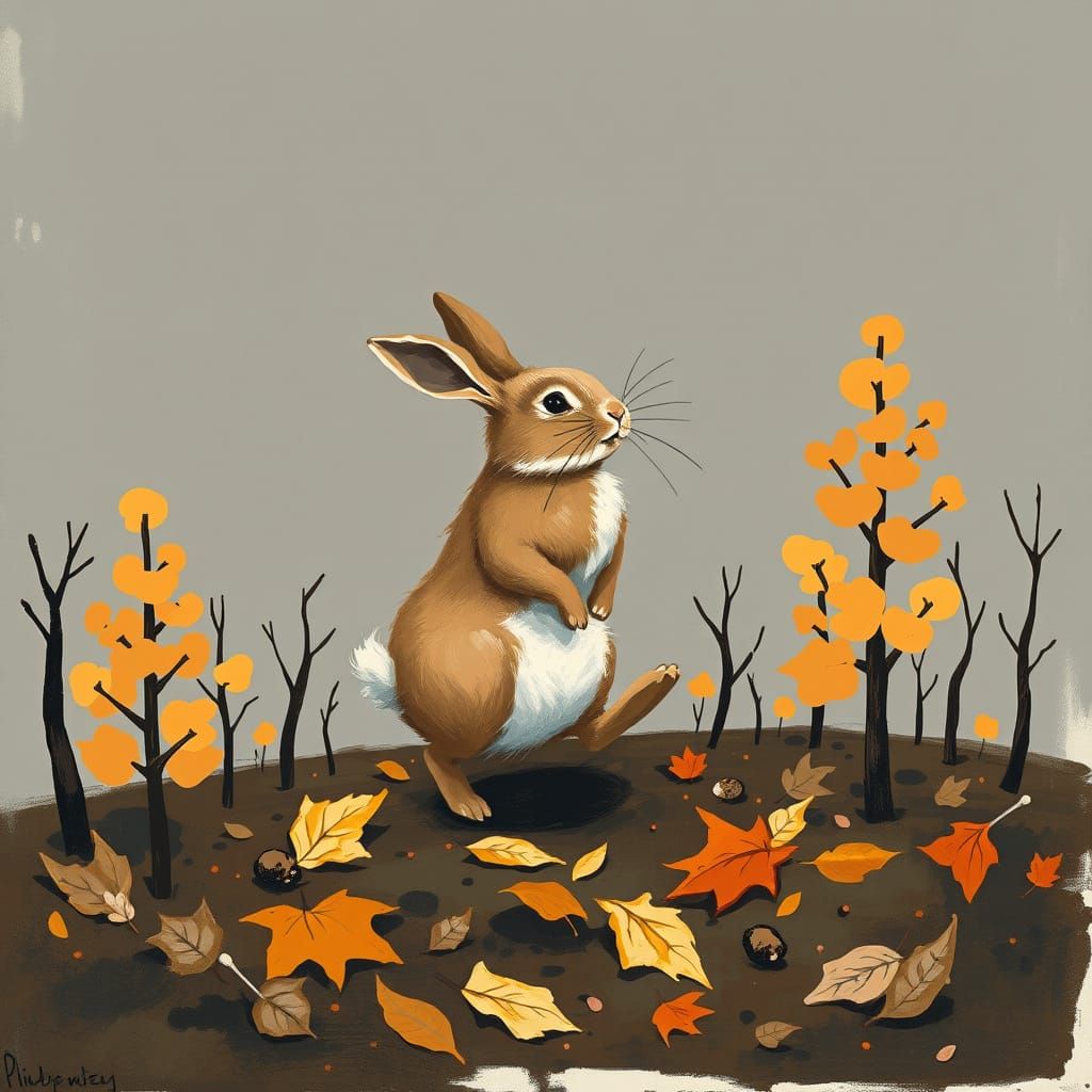 Rabbit Gazes Skyward in Autumnal Forest, Cubist Style
