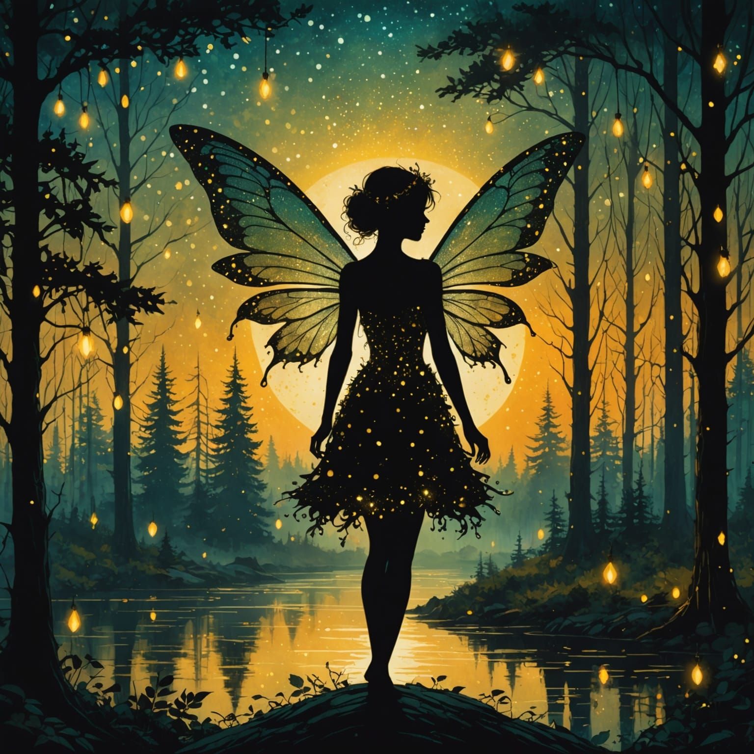 Fairy Silhouette in Forest City at Sunset