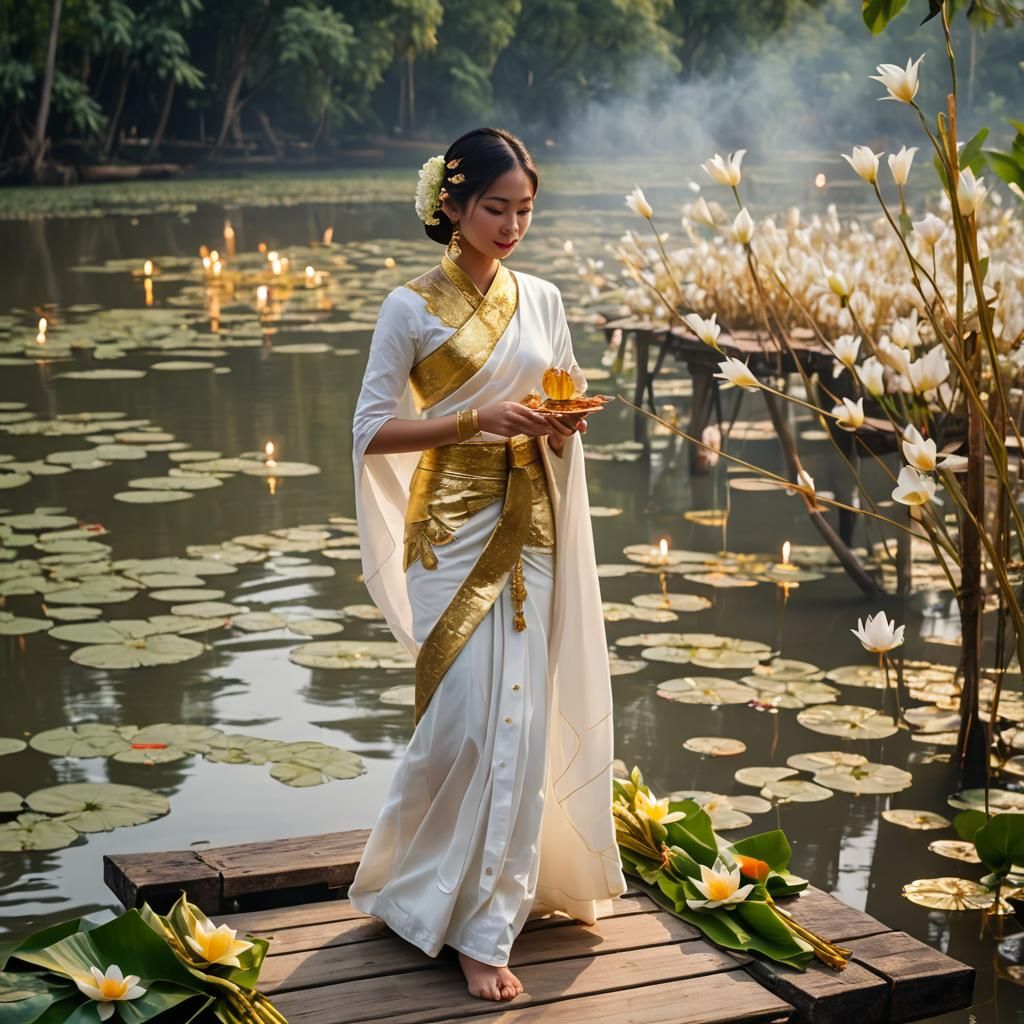Woman in Thai Dress with Krathong