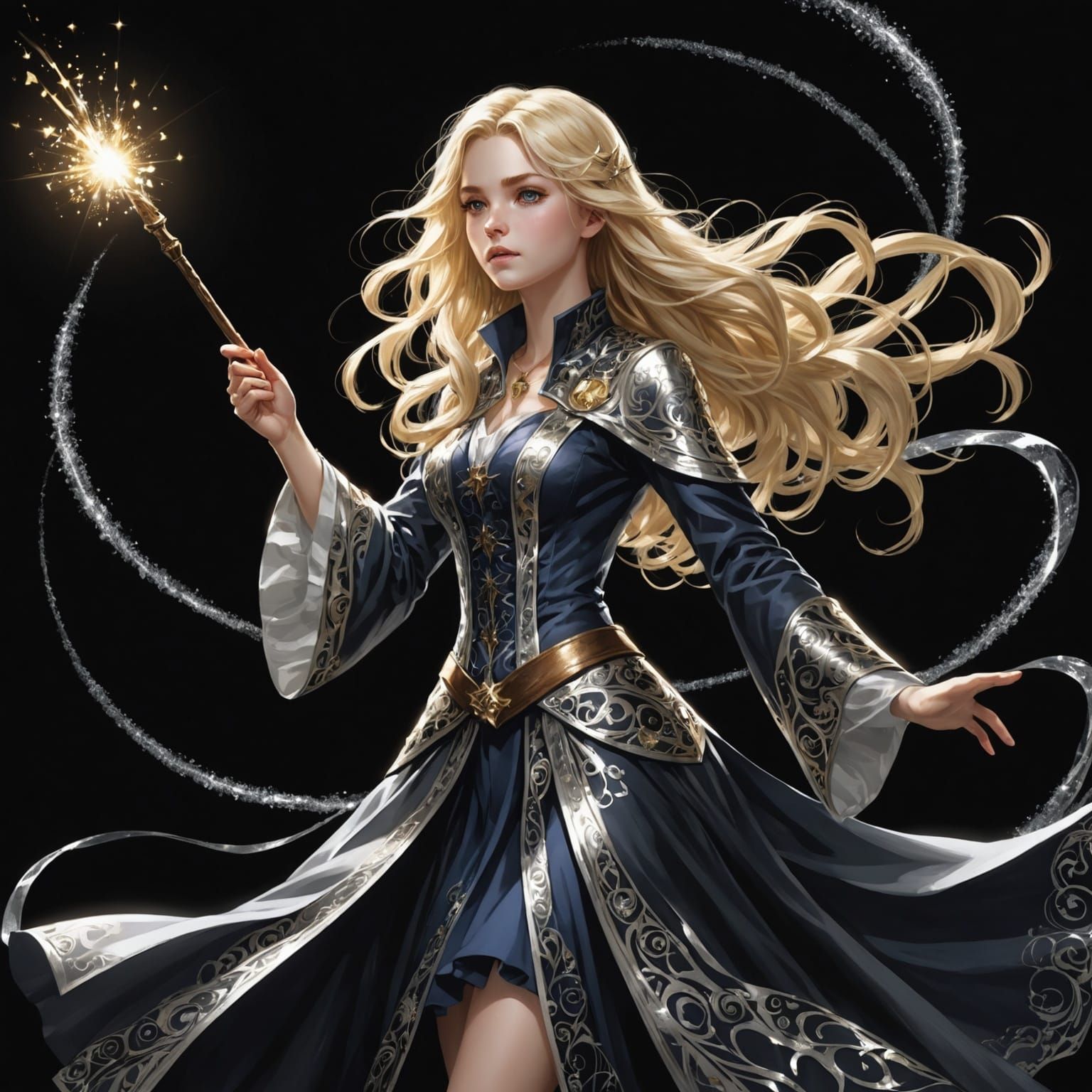 Amazed Wizard Girl with Wand in Chiaroscuro Style