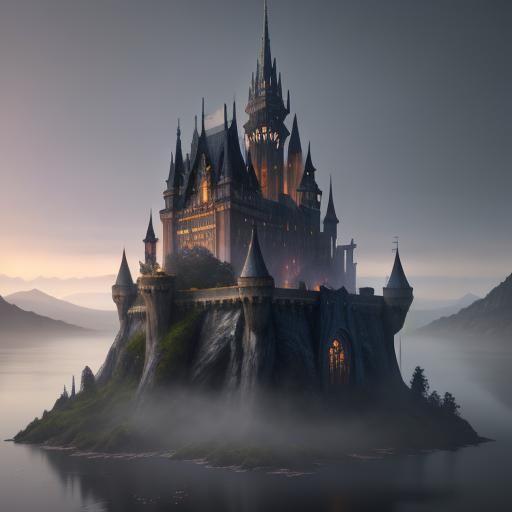 Mystical Castle Reflects in Misty Bay, Fantasy Art