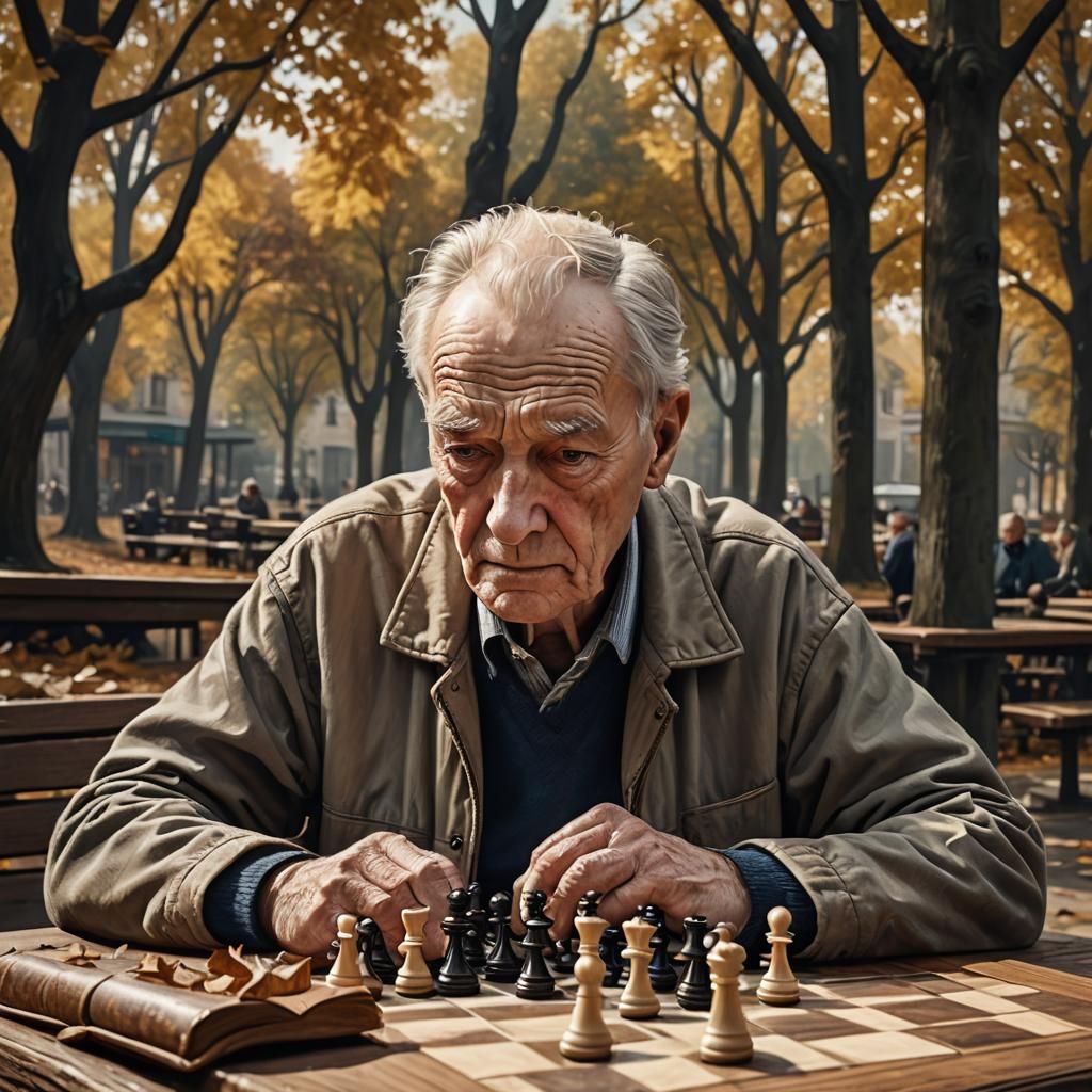 Elderly Man's Chess Game: Hyper-Realistic Autumn Scene