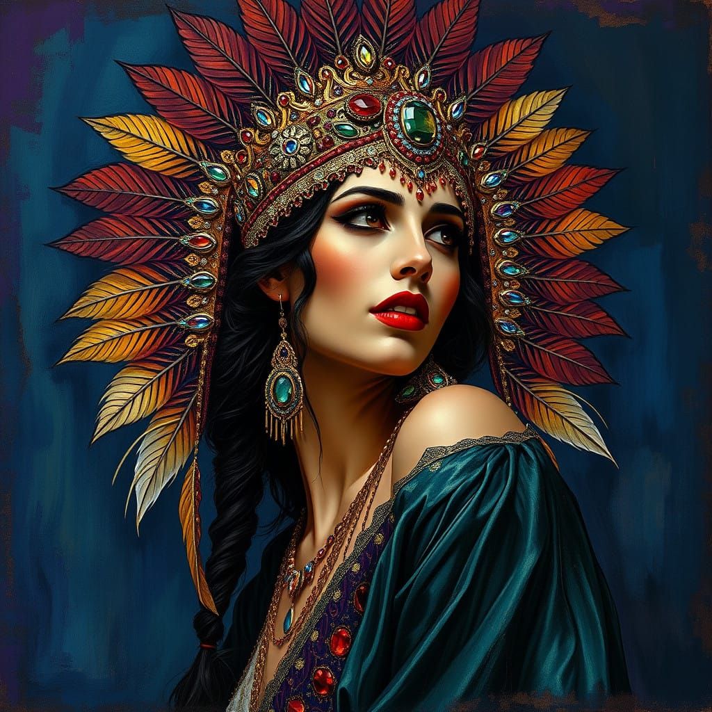 Sultry Mata Hari Portrait in Indian-Inspired Headdress with...