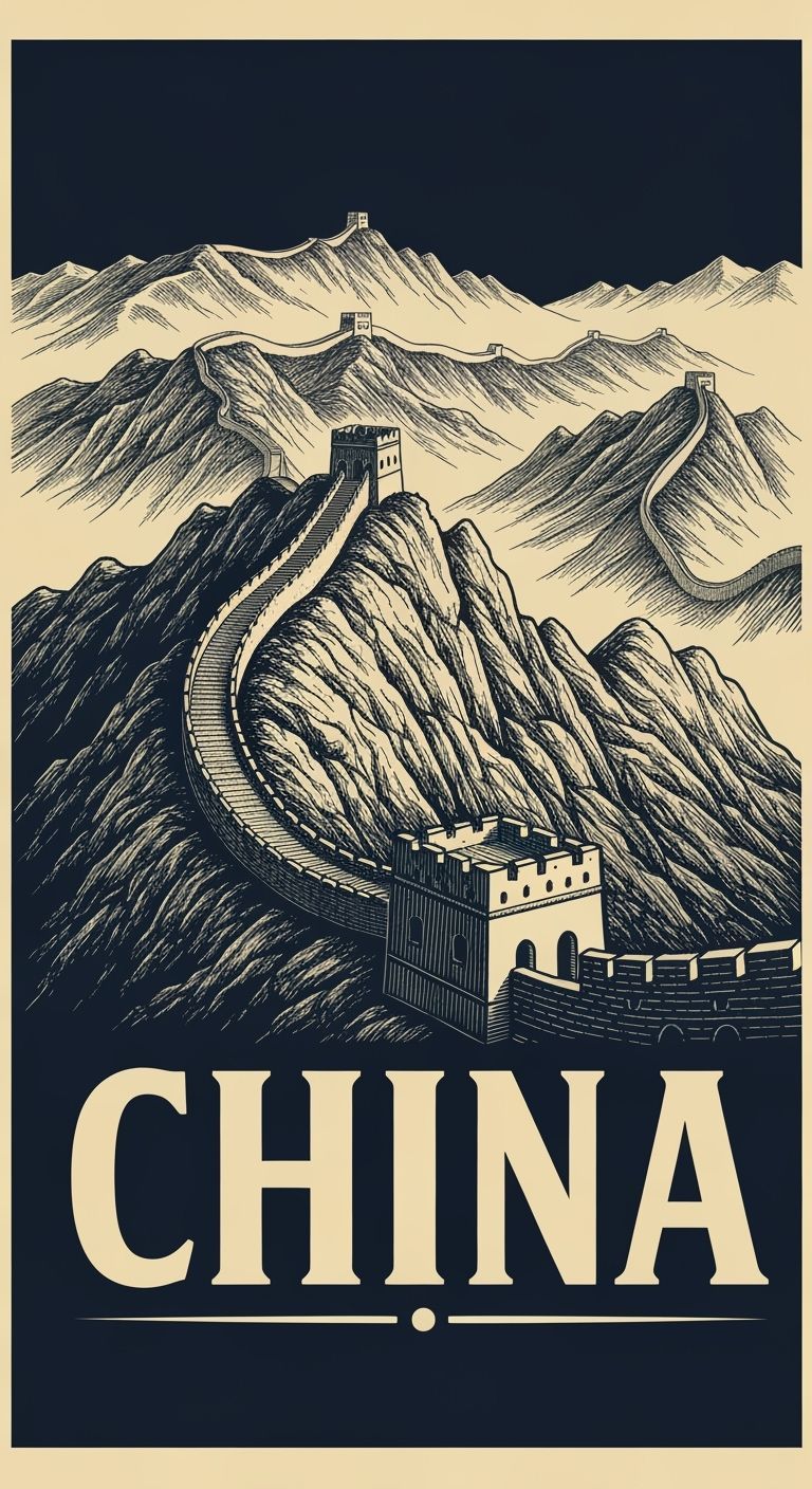 Vintage China Travel Poster: Great Wall Etching Style