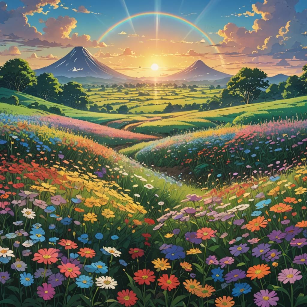 Sunrise Over Rainbow Flower Field: Ghibli Anime Style
