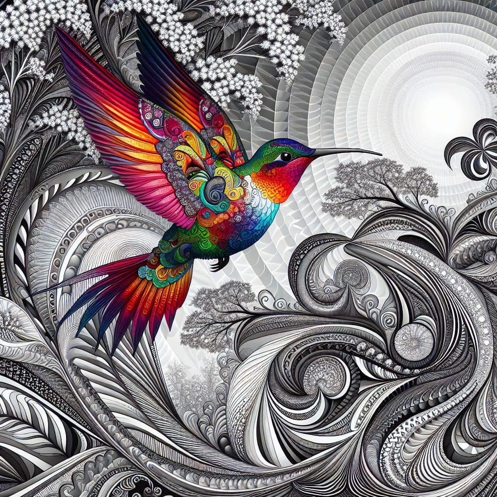 Vibrant Hummingbird in Monochrome Fairy Garden