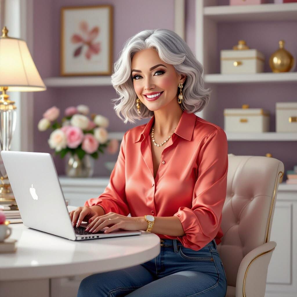 Joyful Woman in Mid-60s Working in Luxury Home Office
