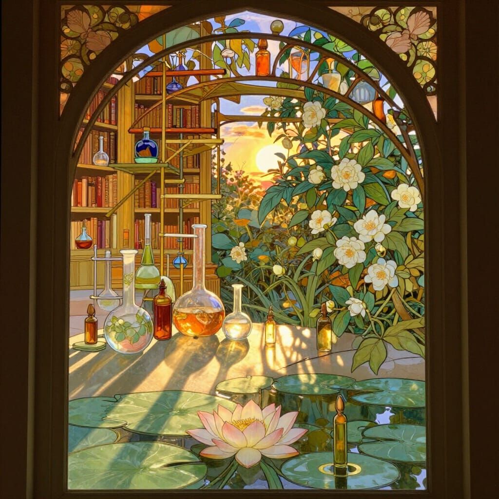 Art Nouveau Window with Water Lily and Fantasy Room