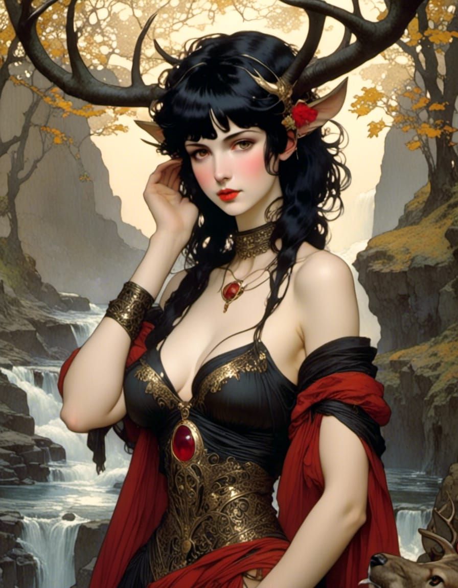 Antlered Woman on Rocky Shore in Art Nouveau Style