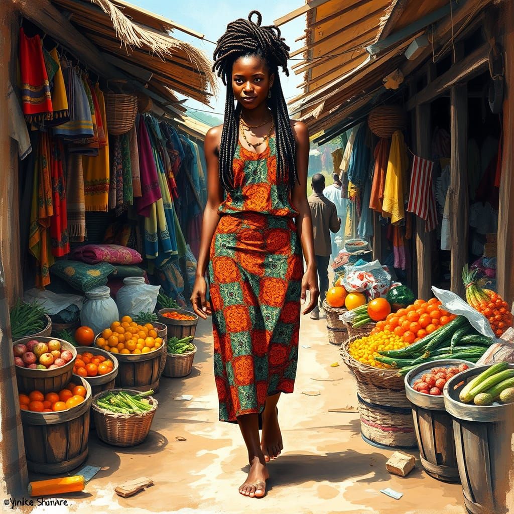 African Woman in Market, Impressionistic Style