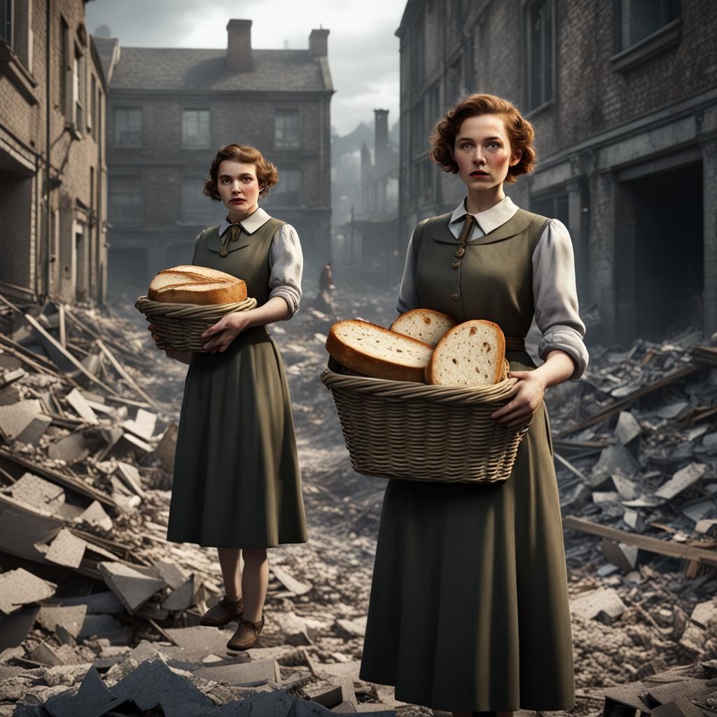 Irish Women in Wartime Ruins: Hyperrealistic Painting