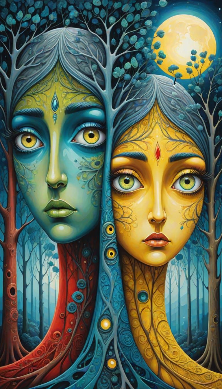 Surreal Pop Art of Two Monstrous Figures Under Full Moon