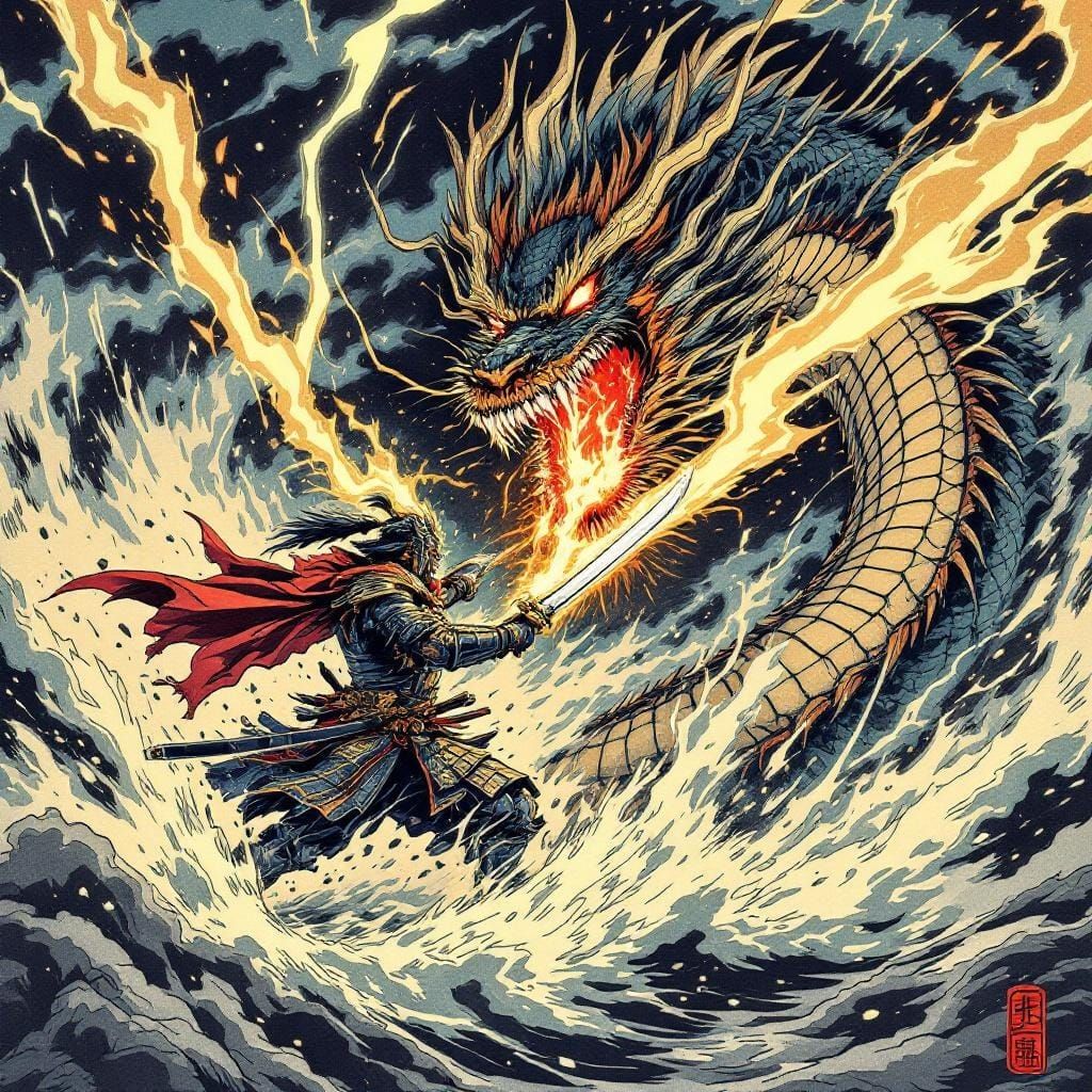 Samurai vs. Dragon in Japanese Woodblock Style