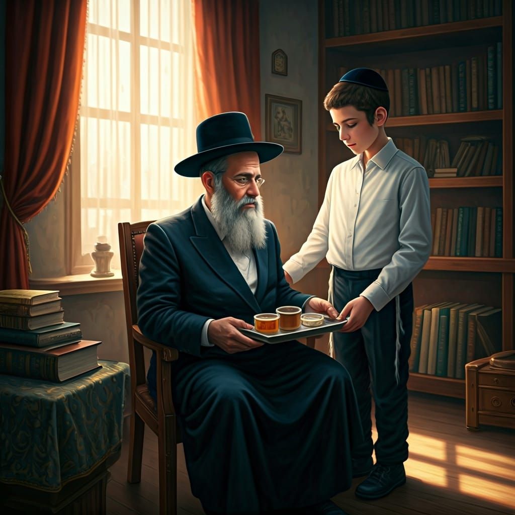 Haredi Father and Son in Sunlit Study