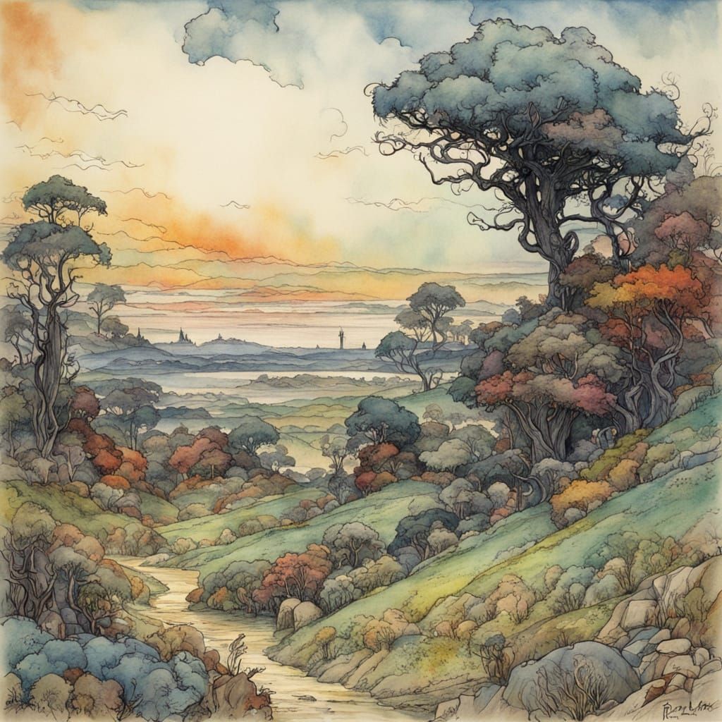 Whimsical Watercolor Fantasy Landscape
