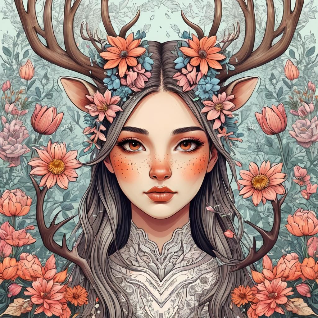 Human girl  ,  big, anthers like a deer  complex hyperdetailed.,background flowers