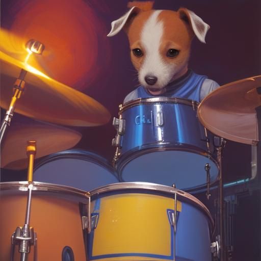 A jack russell terrier playing blue drums