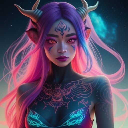 Anime Goddess with Glowing Tattoos in Surreal Setting