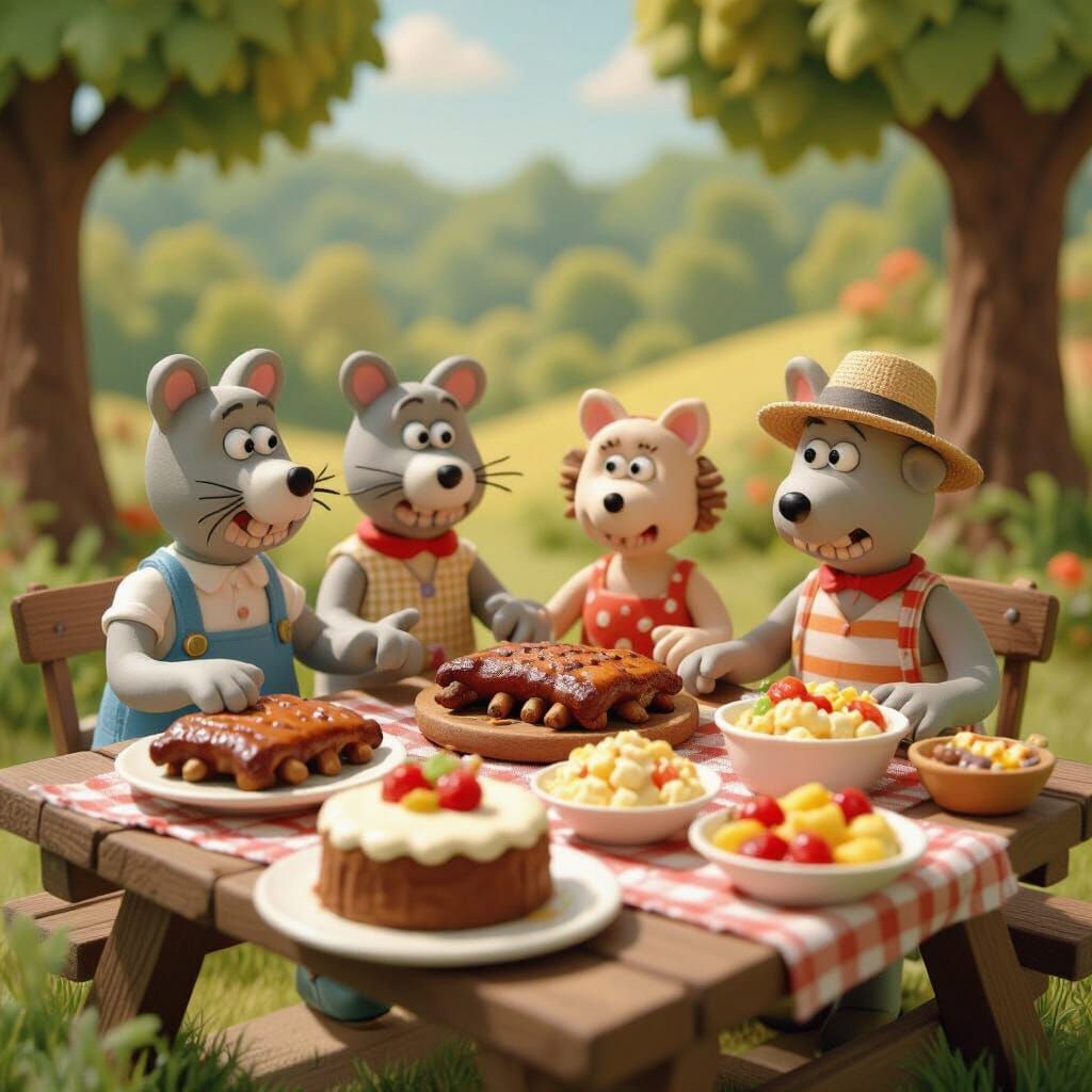 Claymation Cat Family BBQ with Ribs and Cake