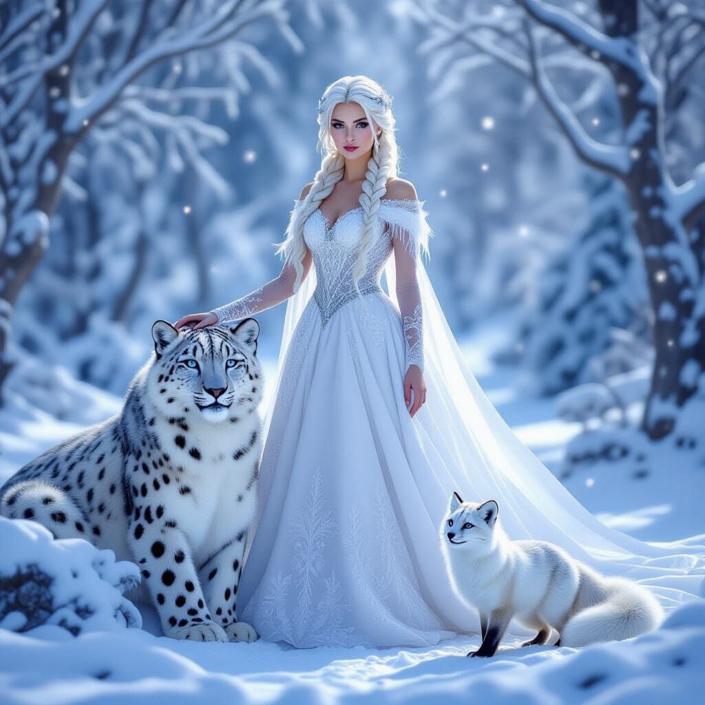Snow Princess with Snow Leopard and Fox in Enchanted Forest