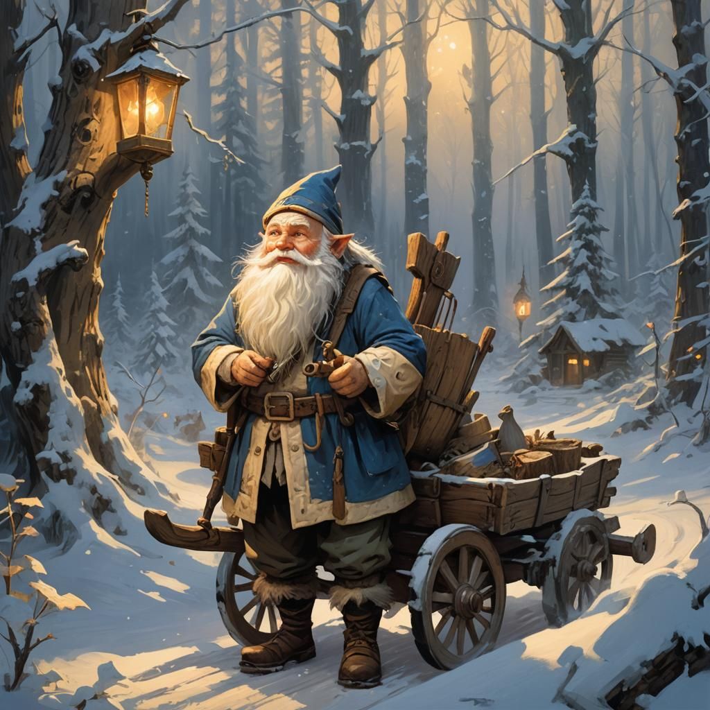 Gnome Bard in Snowy Forest, Frank Frazetta Style