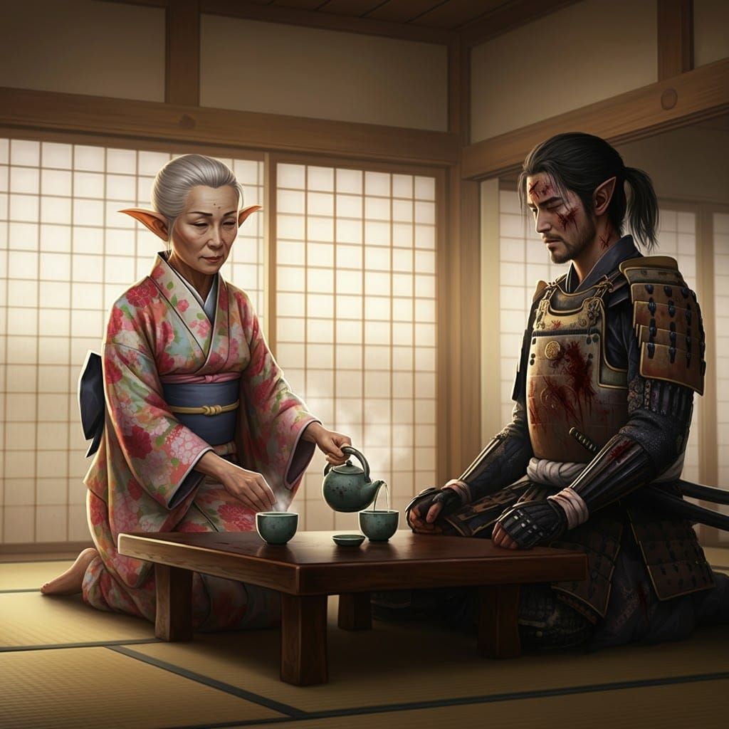 Elf and Samurai in Ukiyo-e Style