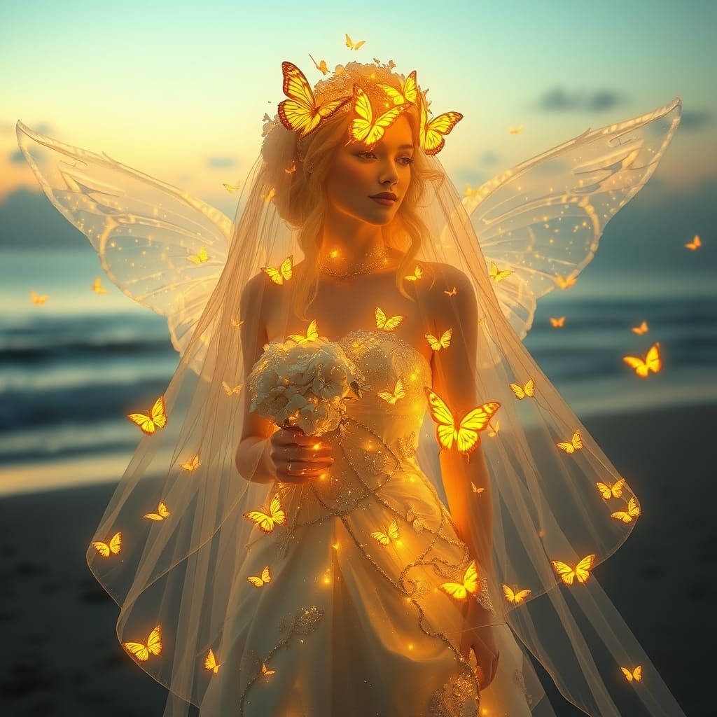 Golden Bride in Radiant Solarpunk Wonderland