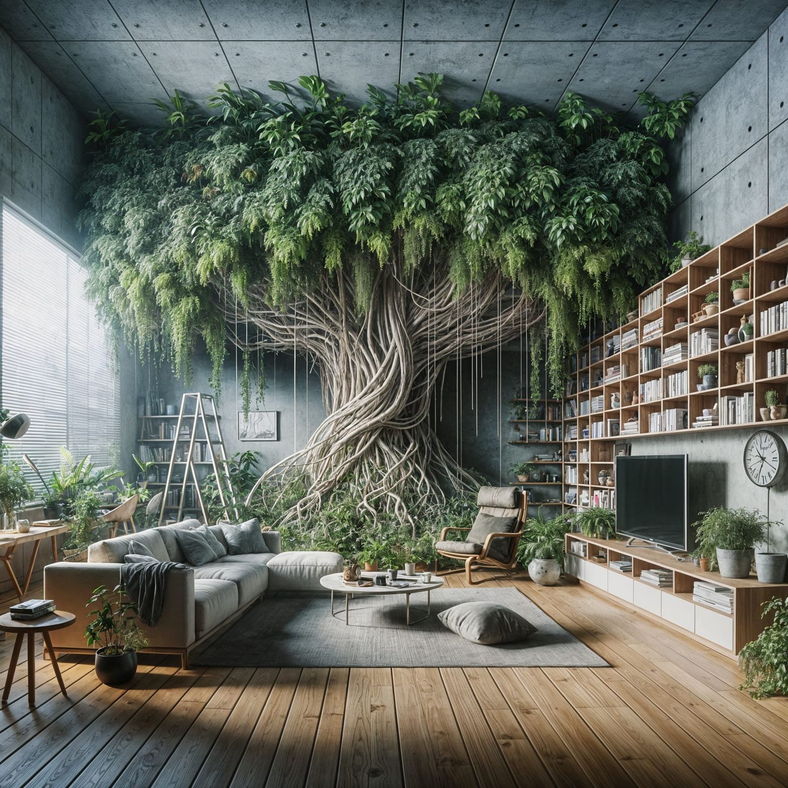 Overgrown Plant Takes Over Contemporary Living Room