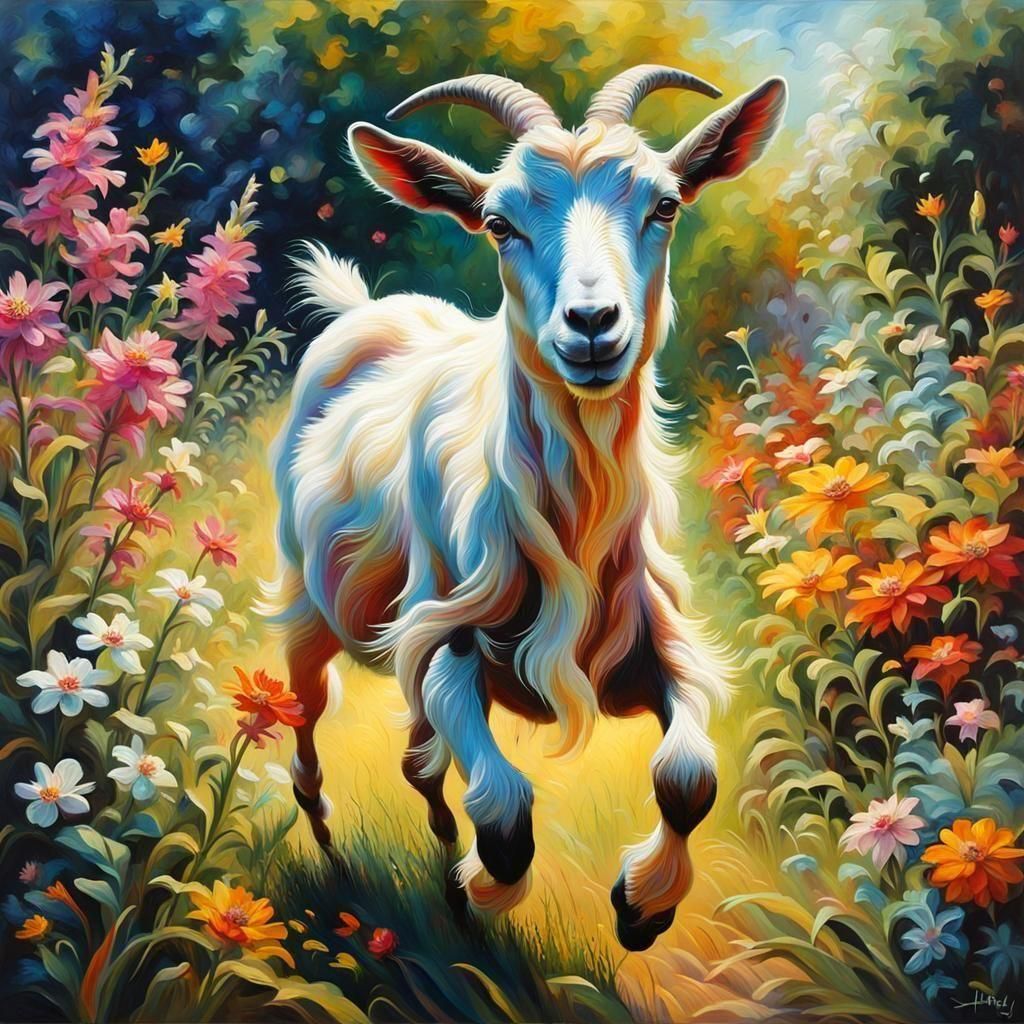 Goat Runs Through Garden as Scratchy Oil Painting
