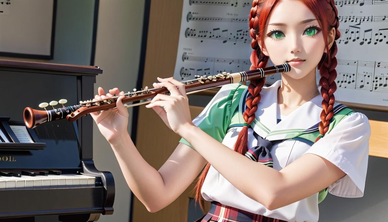 Girl in School Uniform Plays Flute