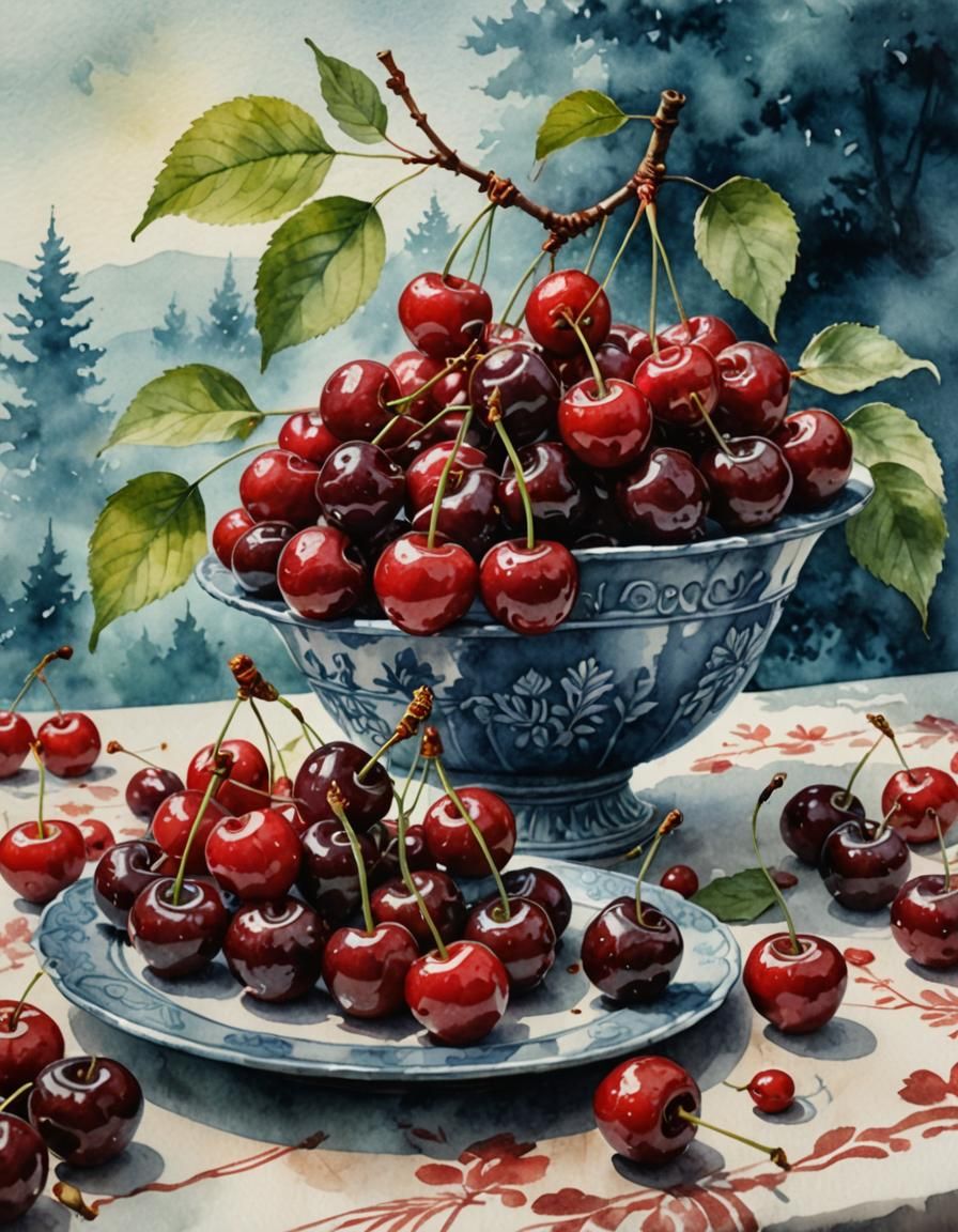 Cherries in Dichromatic Ancient Orient Watercolor