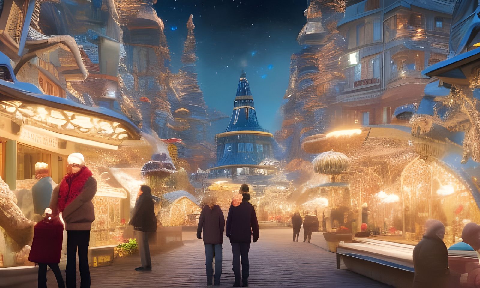 Futuristic Christmas Village with Happy People