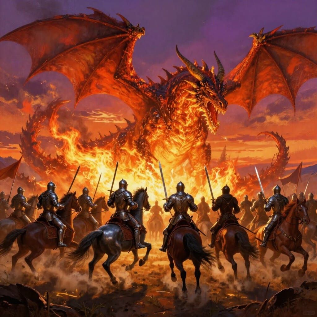 Epic Fantasy Battle: Knights vs. Dragon at Sunset